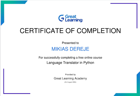 Certificate of Completion: Language Translator in Python